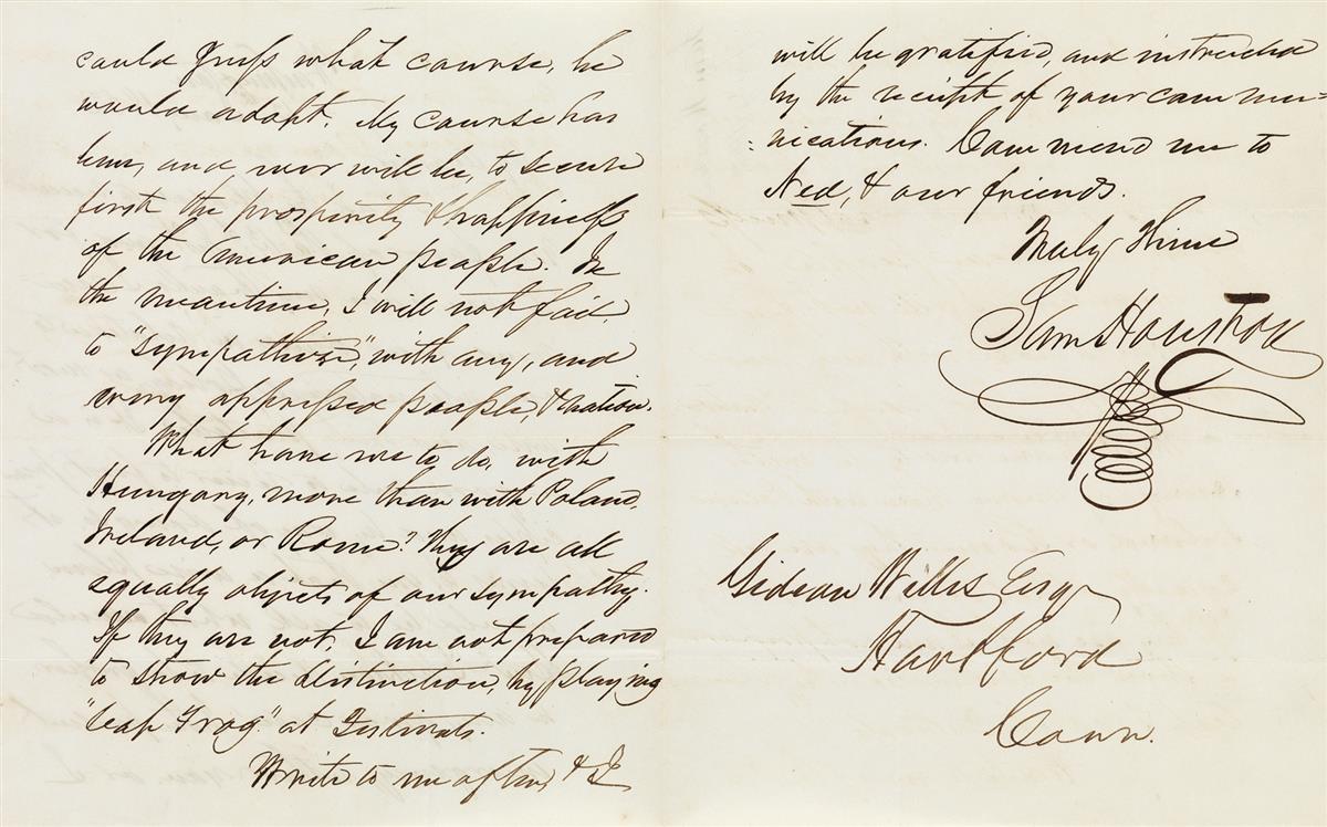 AMERICA FIRST: MY COURSE . . . TO SECURE FIRST . . . THE AMERICAN PEOPLE SAMUEL HOUSTON. Autograph Letter S...